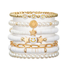 Preppy Heishi Bracelets Set Colorful White Gold Smile Heart Star for Women Girls