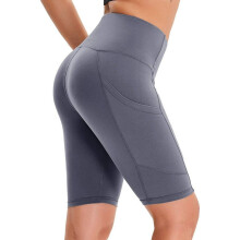 Dame højtaljede yogashorts kompression træningsløbecykelshorts med sidelommer højtaljede træningsshorts atletiske løbeshorts grå M