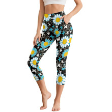 Yogabukser med margueritprint til kvinder, højtaljede capri-leggings, atletiske træningsleggings til sports- og fitnesscentret, M