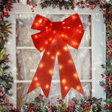 24" Lighted Red Christmas Tree Topper, Glitter Burgundy Bow – Pre-lit, Indoor/Outdoor, Compatible with Standard Tree Stems