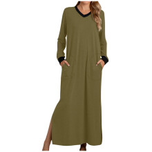 Camicia da notte da donna con tasche, camicia da notte lunga da donna con maniche lunghe, scollo a V, tasche e spacco laterale.