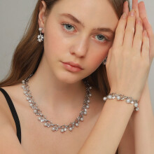 Rhinestone Pearl Wedding Jewelry Set for Bride Bridesmaid Bohemia Adjustable Beaded Crystal Bracelet Necklace Exaggerated Pearl Earring Set for Women