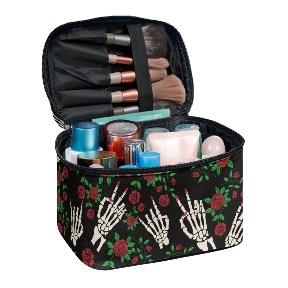 Make up Organizer with Brush Slots Handy Double Zipper Hand Bone Rose Design