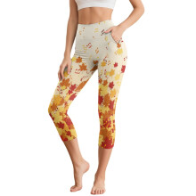 Thanksgiving yogaleggings til kvinder med ahornbladeprint, caprileggings, højtaljede yogacapris, atletiske yogabukser med lommer, 2XL