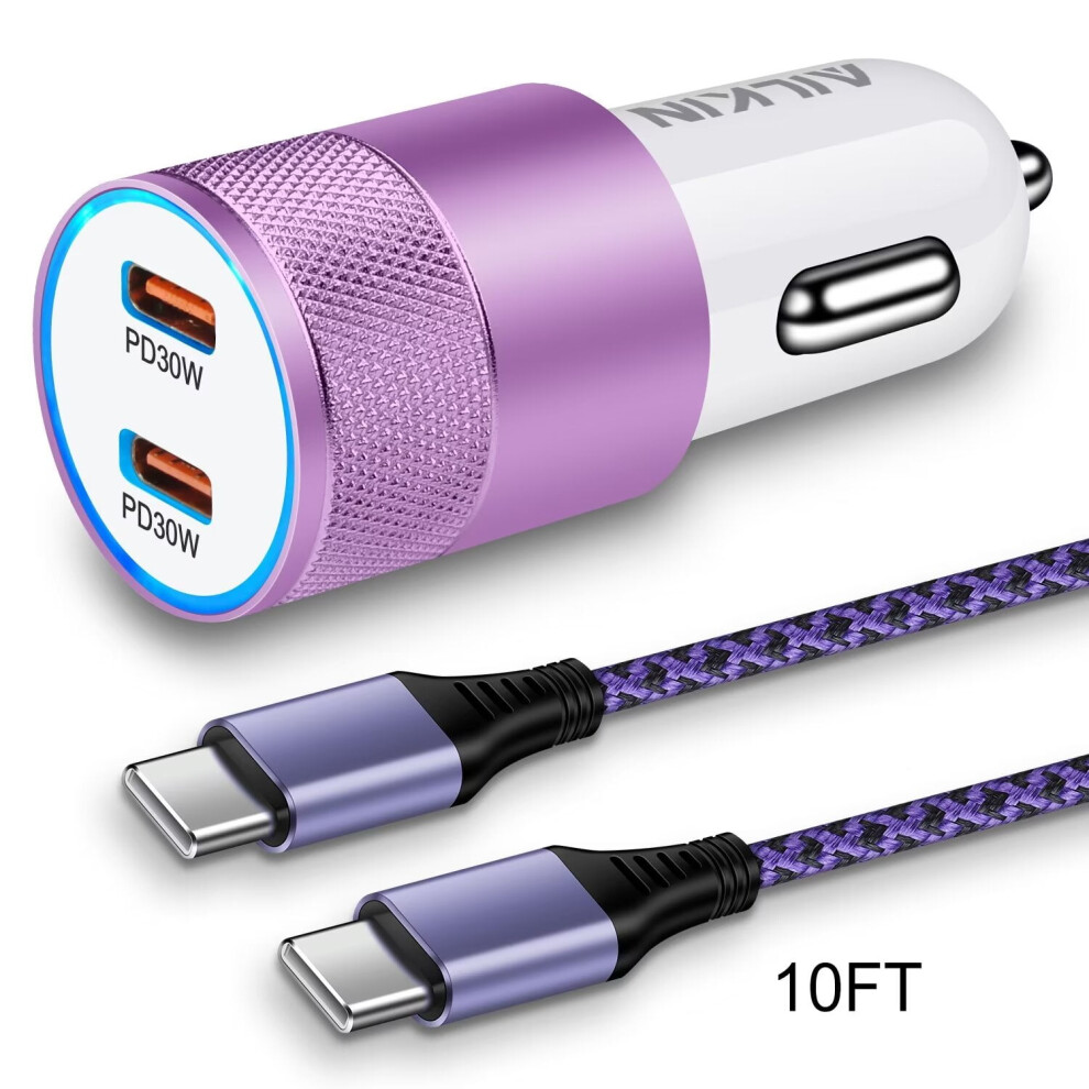 60W Pd Usb-C Car Charger, Dual Port Fast Charging Adapter With 10Ft Type-C Cable, Â Compatible With Android Purple 9365509119198