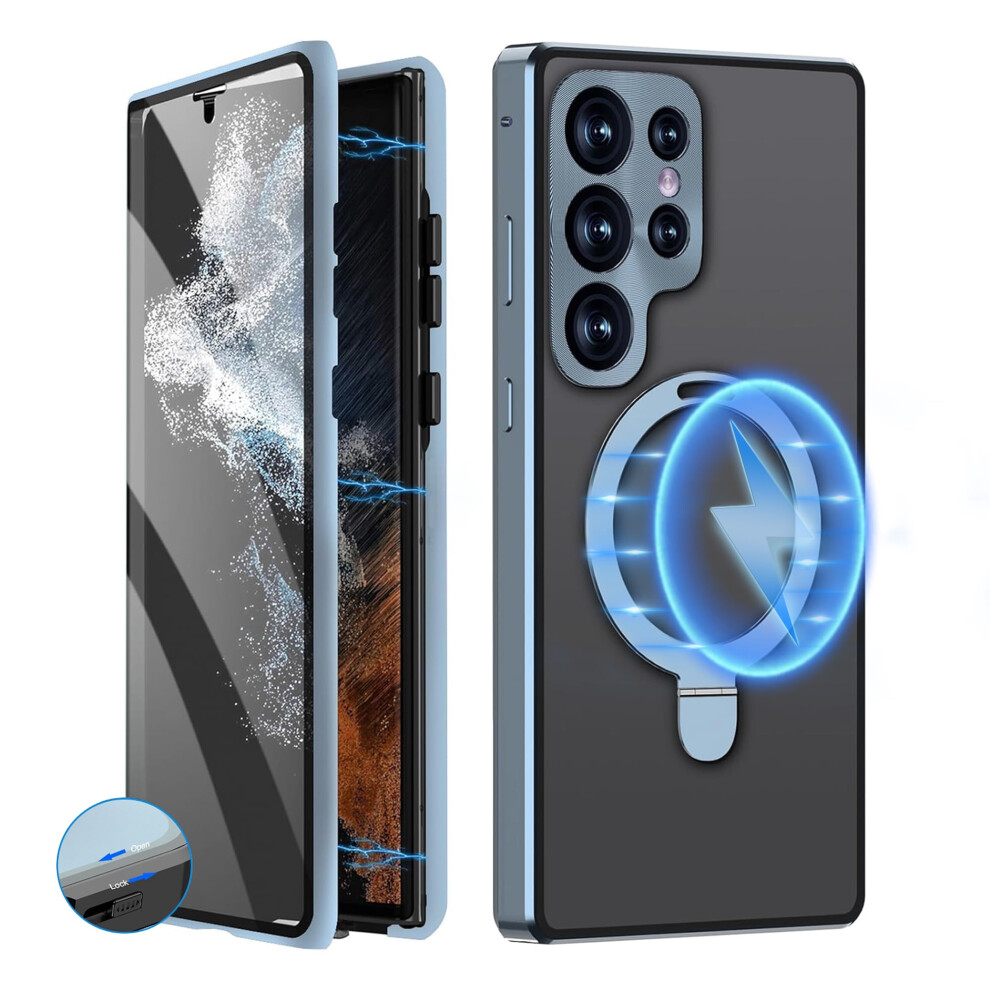 Samsung Galaxy S21 Ultra Case W/ Built-In Screen Protector, Magnetic Metal Bumper, Safety Lock, 360 Shockproof Magsafe Stand Â Blue 9365509181379