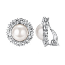 Pearl Clip-On Earrings Ivory Faux Pearl CZ Halo White Gold