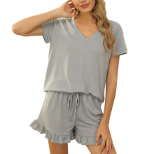 Dames lounge set in effen kleur – Pyjamaset met korte mouwen en shorts met trekkoord, comfortabele loungewear, grijs, geschikt voor thuis en vrije