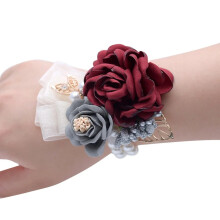 Artificial Christmas & Wedding Wrist Corsage with Faux Pearl Beads, Gold Bracelet – Compatible with Bridal, Prom, Hand Decor