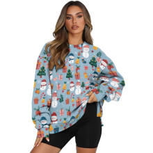 Felpa girocollo da donna a maniche lunghe con stampa di pupazzi di neve e albero di Natale, modello casual oversize, taglia S