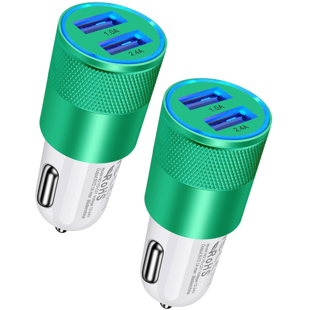 Car Charger, 2Pcs 3.4A Dual Port Usb Car Charger Adaptor For Compatible With Iphone Charging Cigarette Lighter Socket Adapter, Green 9365509122648