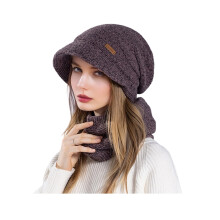 Xinwanna 2Pcs/Set Women Winter Hat Scarf Set Solid Color Elastic Thickened Ear Protection Knitting Hat Windproof Neckerchief Set (Dark Red)