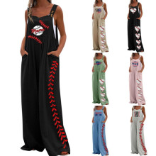 (Khaki Baseball Cap, 2XL) 2023 Hot Print Jumpsuit C115 Women's Loose Overalls High Waist Wide Leg Pants Summer New
