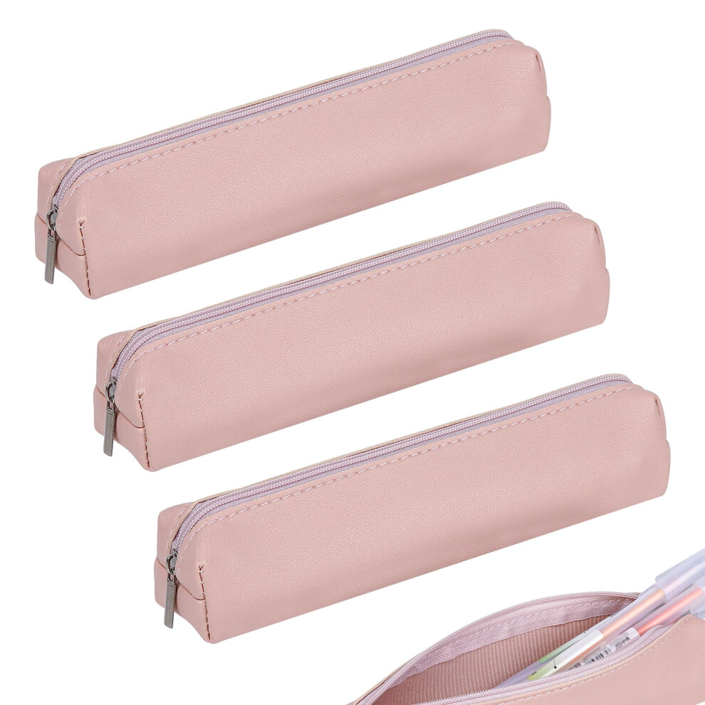 Leather Pencil Case 3Pcs Pink Slim Pen Pouch Set with Secure Zipper Closure for Office and Travel