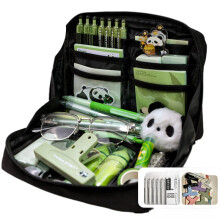 12Layer Flip Canvas Pencil Case Set with 5 Pens and Clip, Durable Stationery Organizer Bag (Black)