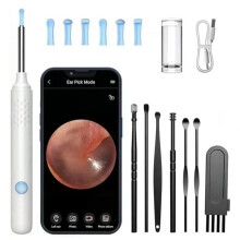 Removedor de Cera de Ouvido, Kit de Limpeza de Ouvido com 6 Palhetas de Ouvido, Câmera de Ouvido Otoscópio para Limpeza de Ouvido (Branco)