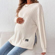 (Apricot, L) New Maternity Clothes Round Neck Long Sleeve T-Shirt Solid Color Casual Comfort Top for Pregnancy and Nursing