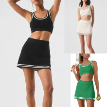 (Green, M) Alo Style Women's Summer Outfit 2025 Breathable Color-Block Knit Tank Top and Skirt Set Casual Sportswear