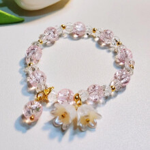 Korean Pink Crystal Flowers Butterfly Pendant Beaded Bracelet For Women N4I