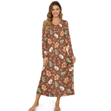 Women's Long Sleeve Christmas Nightgown – Gingerbread & Snowman Print, Soft Lightweight Sleep Dress, S, Compatible with Holiday Themes