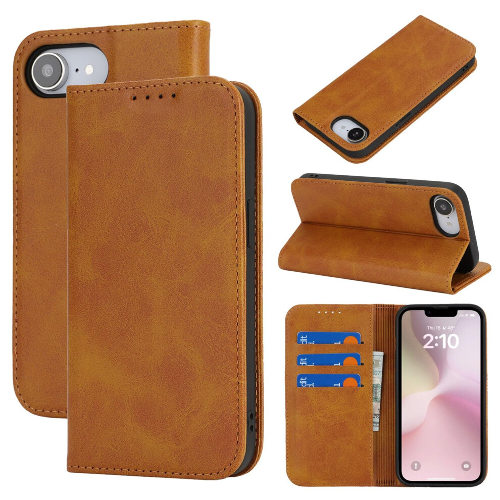 Wallet Case Khaki Pu Leather Magnetic Flip Folio With Card Holder And Kickstand 6.1 Inch For Iphone 16E 9771547544623