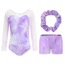 Completo da ginnastica per bambine in 3 pezzi: body a maniche lunghe con strass scintillanti, pantaloncini e fascia per capelli | Body sportivo per
