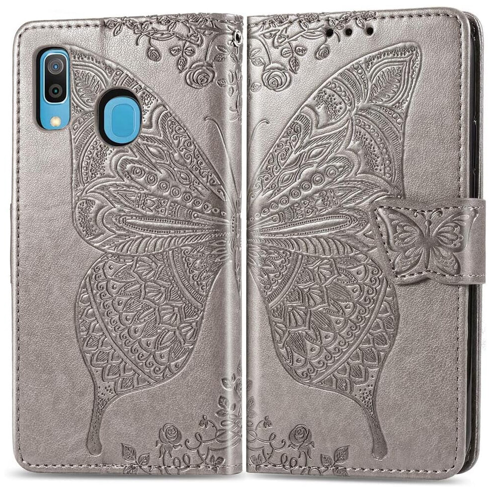 Compatible With Samsung Galaxy A20 Wallet Case Â Leather Flip Folio With Kickstand, Magnetic Closure & Card Holder Â Butterfly Grey 9479868118669