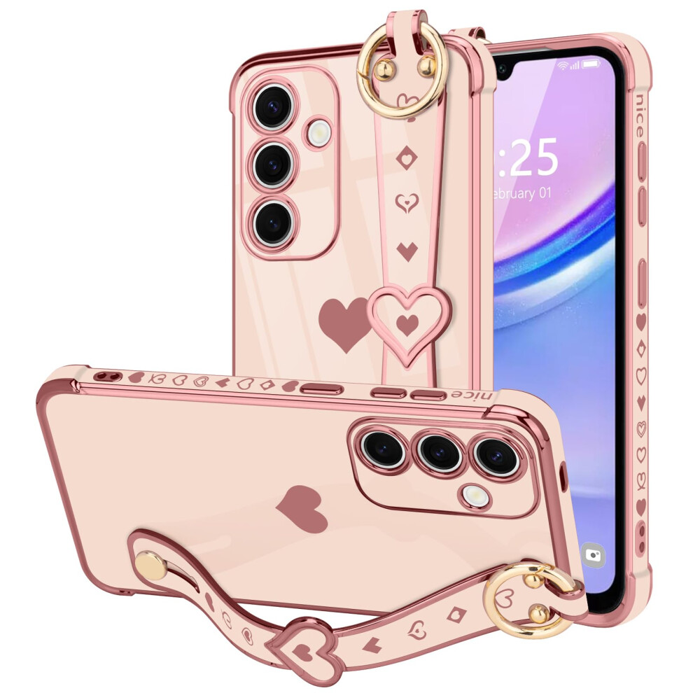 Pink Heart Gold Plating Strap Cover Shockproof Bumper With Camera Guard Case For Samsung Galaxy A15 4G/5G Pink,Gold 9771547544883
