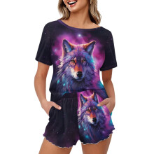 Galaxy Wolf Damepyjamas Sæt med 2 Stjerner Kortærmede T-shirts Shorts Jumpsuit Nattøj Størrelse XL Nattøj Hjem Sommerpyjamasdragt til Kvinder