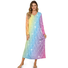 Women's Soft Cozy Housecoat Sleepshirt, Button-Front, Long Sleeve, Rainbow Mermaid Scale Print, 3XL, Comfortable Loungewear