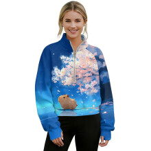 Capybara Cherry Blossom Blue Blød, åndbar, cropped sweatshirt med halv lynlås til kvinder – Stilfuld langærmet pullover, XS, kompatibel med