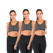 Sport-bh för kvinnor, 3-pack med dragkedja framtill, vadderade kupor, komfortsport-bh med dragkedja framtill, mesh, brottarrygg, sport-bh för