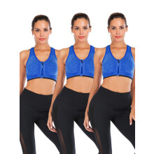 Dames sportbeha, 3-pack, met ritssluiting aan de voorkant, gewatteerde cups, comfortabele sportbeha, sportbeha met ritssluiting aan de voorkant, mesh