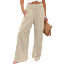 Pantalones anchos de algodón y lino para mujer, estilo casual de verano, de talle alto, tipo palazzo, color liso, holgados, ideales para la playa,