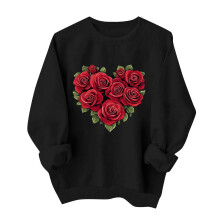 Felpa da donna a maniche lunghe con scollo rotondo e stampa romantica di rose rosse e cuori, ideale per San Valentino, taglie XS-XL (95% poliestere,