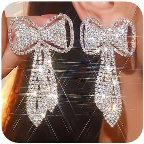 Boho Bridal Bow Earrings Rhinestone Silver 1 Pair