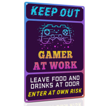 Keep Out Signs for Gaming Room Wall Door Decor - Futuristic Metal Sign Gift for Boy, Girl, Boyfriend Size: 12 x 16 inch