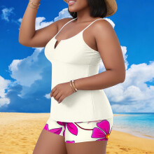 Conjunto de biquíni tankini plus size feminino com estampa tropical de folhas, com bojo embutido, ideal para praia e piscina.