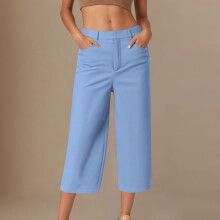 Cropped bukser til kvinder Trendy Business Casual Højtaljede Pull On-bukser med lige ben og lommer