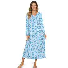 Soft Blue Leopard Print Nightgown for Women – Full Length, Long Sleeve, Lightweight Sleepdress, Compatible with Winter/Fall Home Wear