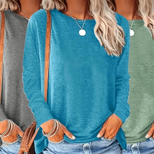 Dame 3-pak Plus Size Langærmede T-shirts med Rund Hals, Løs Pasform Basic Casual T-shirts Grå Grøn Blå, 1XL