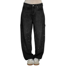 Damejeans med vide ben og strass, høy midje, slitt vintagevask, glitrende baggy denimbukser til fest/festival – svart, 5XL