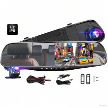 Cámara de salpicadero dual HD 1080P delantera y trasera, cámara DVR para coche con espejo retrovisor de 4,3", sensor G integrado, monitor de