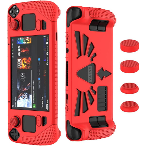 Compatible with Steam Deck/Steam Deck OLED Standing Protective Case – Thick Silicone Full-Protection Cover (Red)