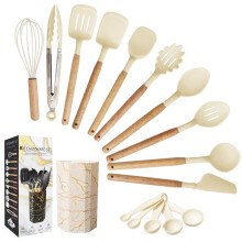 12-Piece Silicone Cooking Utensils Set with Wooden Handle & Holder, 600F Heat Resistant, Non-stick, BPA Free, Beige
