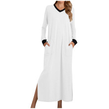 Camicia da notte da donna con tasche, camicia da notte lunga da donna con scollo a V, tasche e spacco laterale, taglie XS-XL