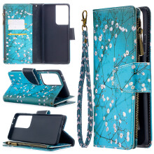 Compatible with Samsung Galaxy S21 Ultra 5G PU Leather Folio Case with Zipper Wallet, 9 Card Slots & Hand Strap – Pear Blossom
