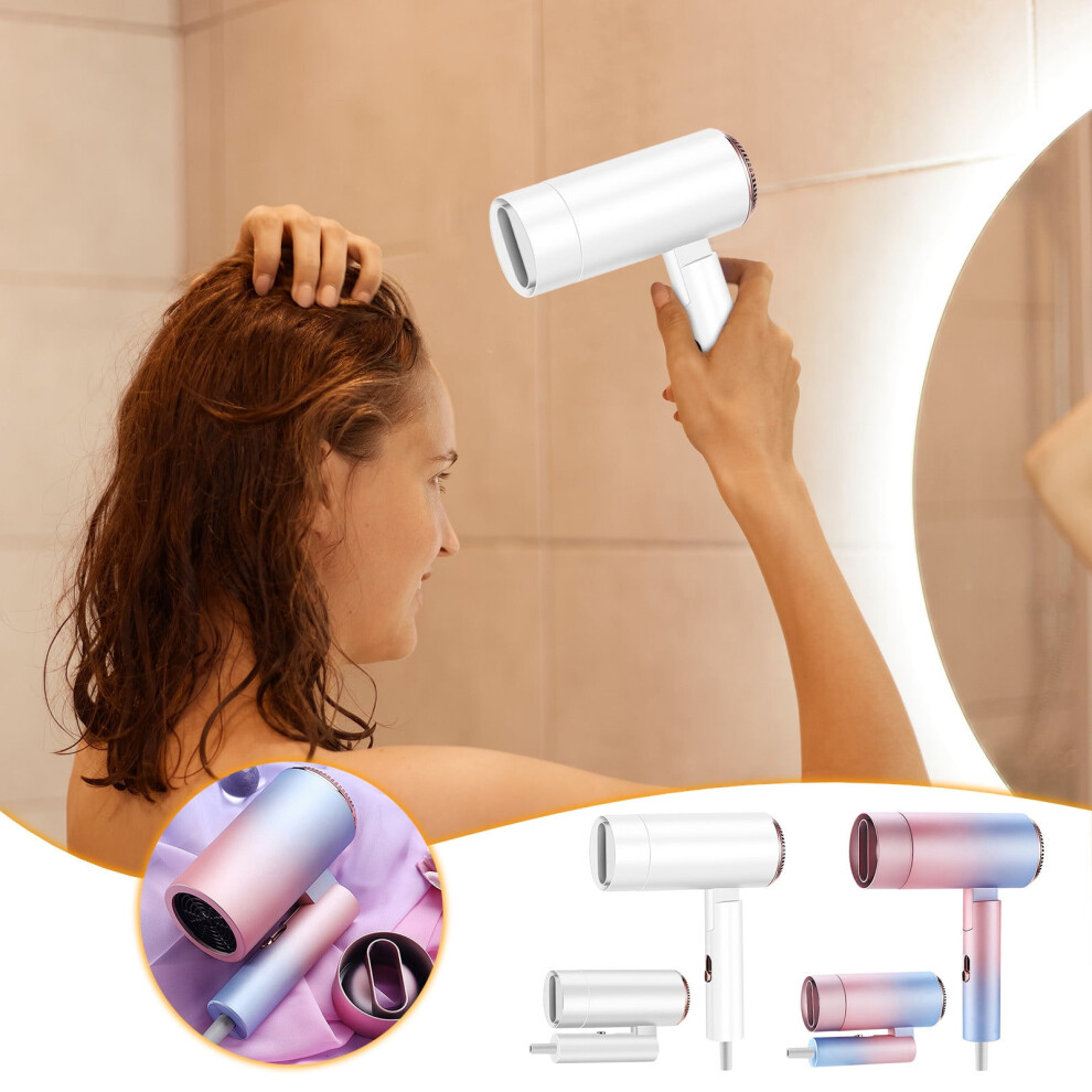 White Hair Dryer With Diffuser,Foldable Blow Dryer With Magnetic Nozzle,1000W,Hairdryer For Normal And Curly Hair,