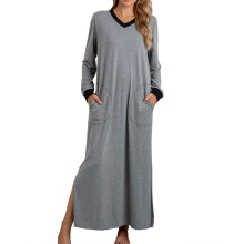 Camicia da notte da donna con tasche, camicia da notte lunga da donna con maniche lunghe, scollo a V, tasche e spacco laterale.
