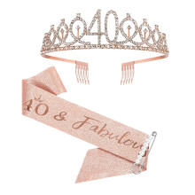 40th Birthday Sash for Women, 3-Piece Set with Pearl Brooch – Compatible with Birthday Party Favor Supplies
